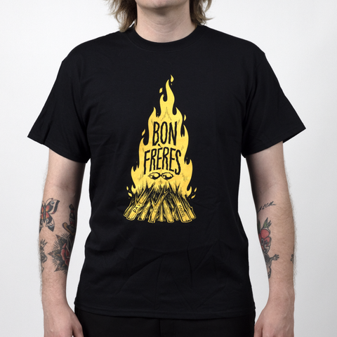 Male model in Black shirt with bonfire graphic with text "BON FRERES"