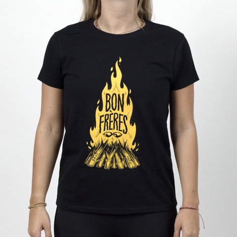 Female model in Black shirt with bonfire graphic with text "BON FRERES"