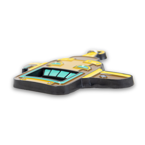 angled view of Yellow and brown bottle opener keychain in the shape of a head with an open mouth