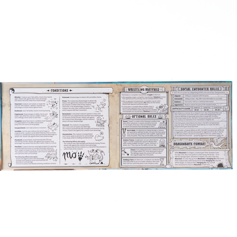 Inisde of DM Screen showing various texts on the pannels