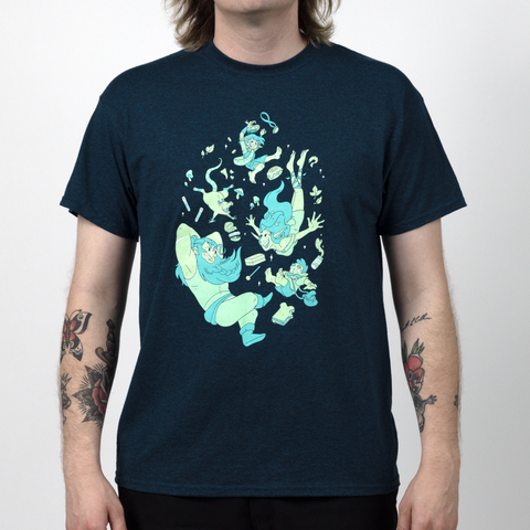 Male model in unisex blue band of boobs group tee