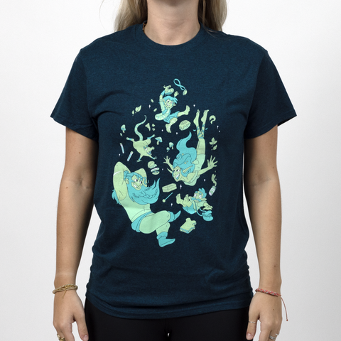Female model in unisex blue band of boobs group tee