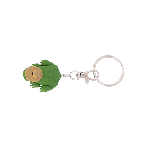 Green frog-shaped keychain with a silver clasp on a white background
