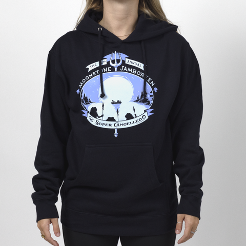 Female Model in navy Jamboreen hoodie with text "THE 22nd ANNUAL MOOSTONE JAMBOREEN IS SUPER CANCELLED "
