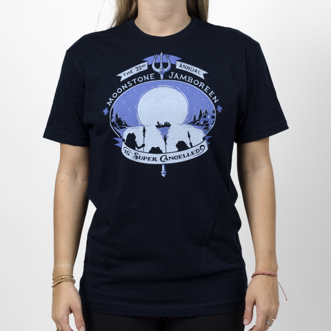 Female model in navy Jamboreen Tee