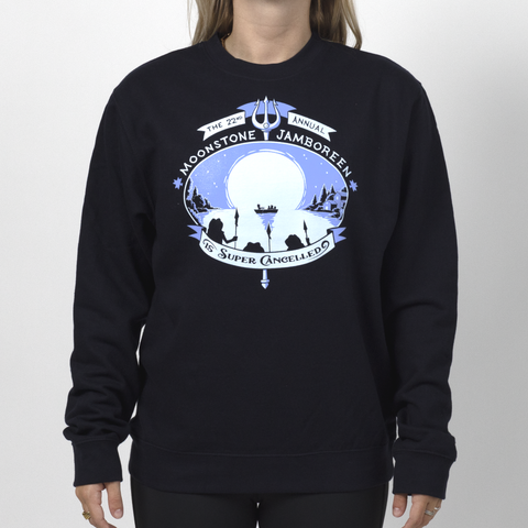 Female model in navy Jamboreen sweatshirt