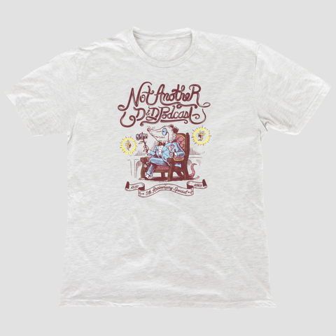 Grey Tee laid flat, with graphic of opossum in red chair with text "Not Another D&D podcast 5th Anniversary Special"