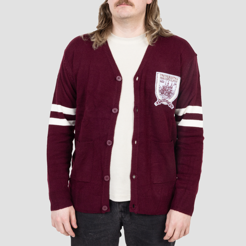 front view of model in Gladeholm University Cardigan unbuttoned