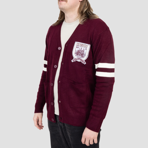 front angeld view of model in Gladeholm University Cardigan