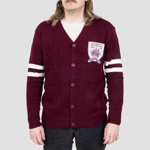 front view of model in Gladeholm University Cardigan