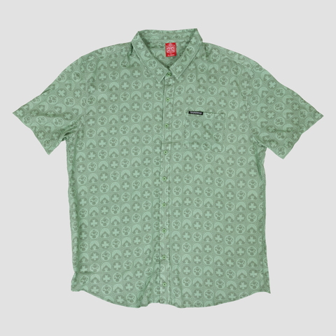 Dusty Sage S/S buttondown with NADDPOD text on front pocket