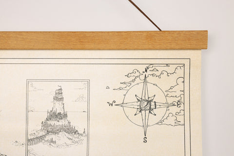 closeup of map showing compass rose and wooden frame