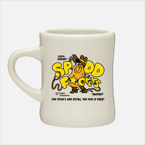 off white mug with graphic of a potato cowboy with text "100% VEGAN!! SPUDD F*CKERS THE FIXIN'S ARE EXTRA, THE FUN IS FREE!"