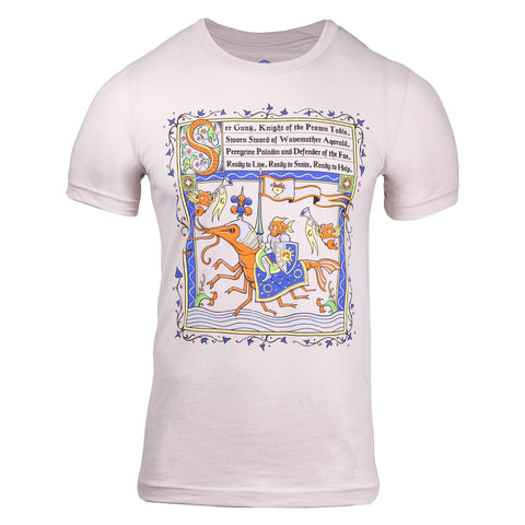 Heather dust tee with graphic of knight with fish head riding prawn with text "Ser Gunk, Knight of the Prawn Table, Sworn Sword of Wavemother Agoralil, Peregrine Paladin and Defender of the Fae, Ready to Live, Ready to Smite, Ready to Help"