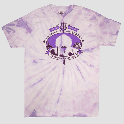 Spider lavender Tie Dye tee with Moonstone Jamboreen graphic with text "THE ANNUAL MOONSTONE JAMBOREEN Is Super Cancelled"