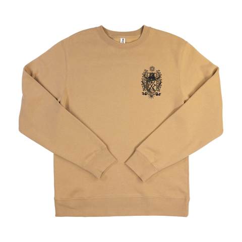 Front view of sandstone Skaldova Map Sweatshirt with crest on left chest