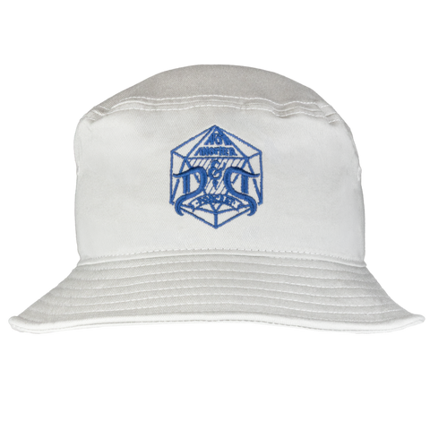 White bucket hat with blue NADDPOD logo on a white background