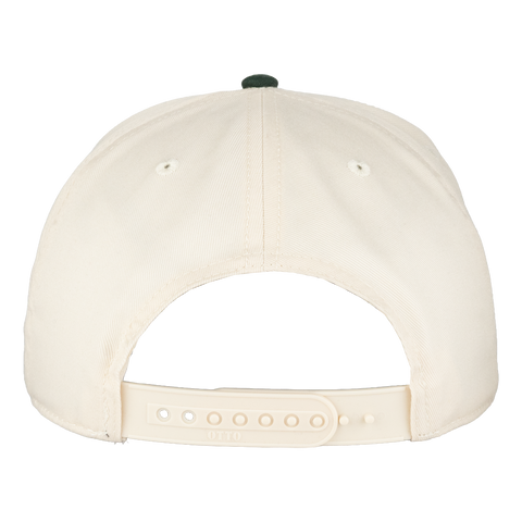 Rear view of dark green and natural cap