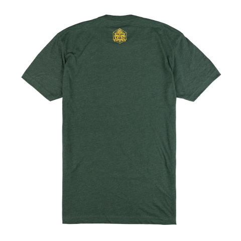 Rear view of green tee with yellow NADDPOD logo on upper back