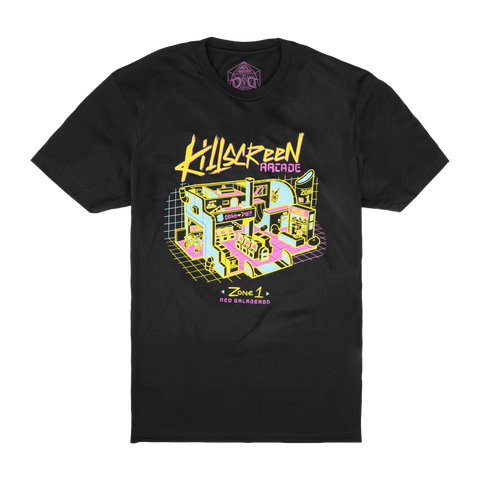Black Tee with arcade graphic with text "KILLSCREEN ARCADE ZONE 1 RED GALADERON"
