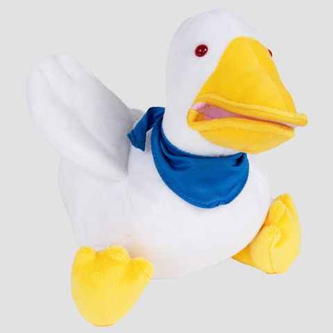 Plush duck with blue handkerchief around neck