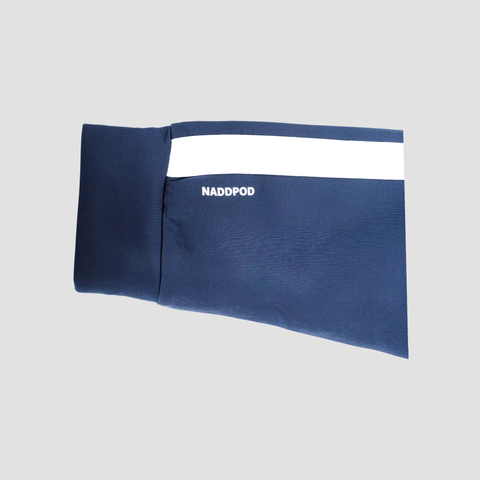 sleeve of navy and white track jacket with white text "NADDPOD" ON SLEEVE