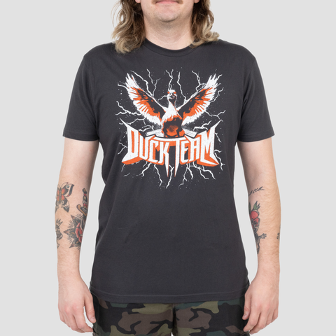 Black unisex shirt on male model with graphic of Duck with red and white text "DUCK TEAM"