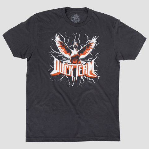 Black unisex shirt with graphic of Duck with red and white text "DUCK TEAM"