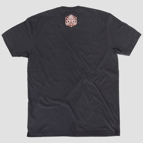 Rear view of Unisex black shirt with NADDPOD logo on upper back