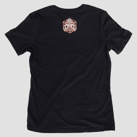 Rear view of Ladies black shirt with NADDPOD logo on upper back
