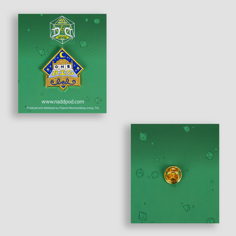 front and back of One Big Bed Pin with image of a bed with text "ONE BIG bed"