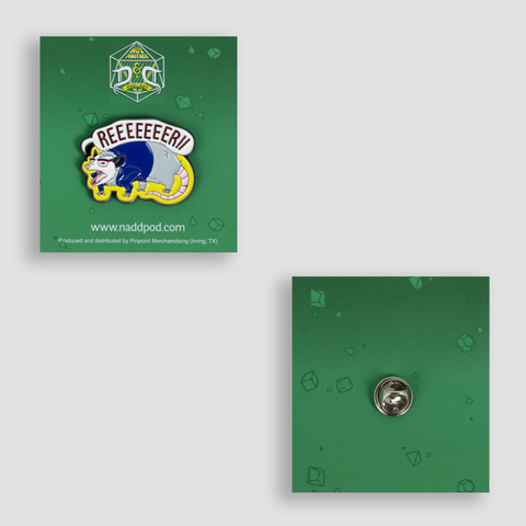 front and back view of Paw Paw lawyer pin with image of opossum with text bubble "REEEEEEER!!"