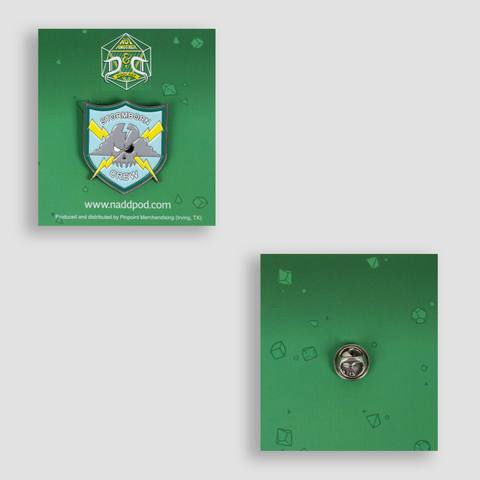front and back view of stormborn crew pin with image of skull cloud with lightning bolts