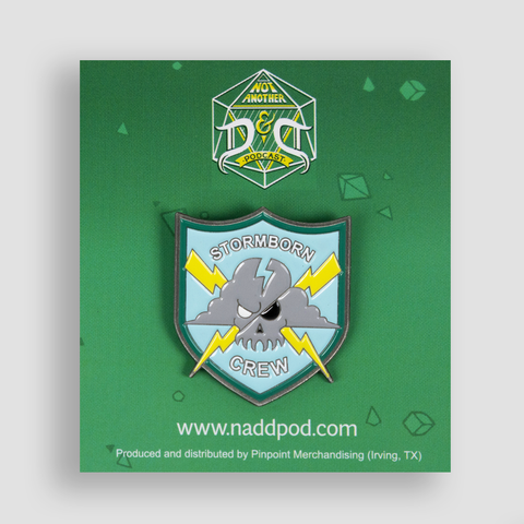 stormborn crew pin with image of skull cloud with lightning bolts
