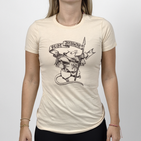 Female model in Plot Armor tee