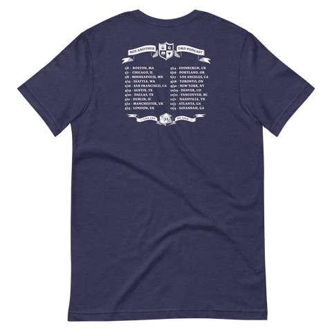 rear view of Navy tee with banner with text "NOT ANOTHER D&D PODCAST" and white text of tour dates