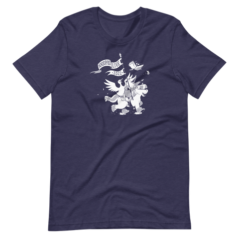 Unisex navy tee with opossum and duck riding horse carrying flag with text "NADDPOD LIVE 2022"