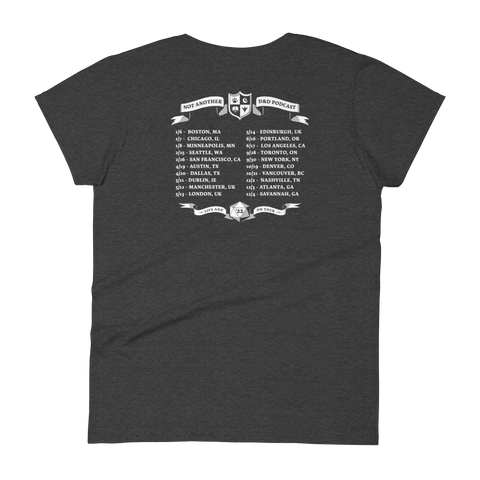rear view of ladies Navy tee with banner with text "NOT ANOTHER D&D PODCAST" and white text of tour dates
