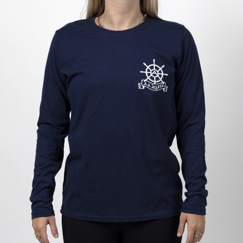 Female model in Navy longsleeve shirt with white graphic on left chest of help with text "S.S. Allete"