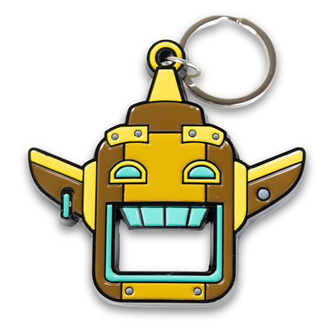Yellow and brown bottle opener keychain in the shape of a head with an open mouth