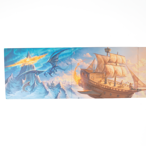 DM Screen with Illustration of a dragon flying over icy mountains with a ship sailing.
