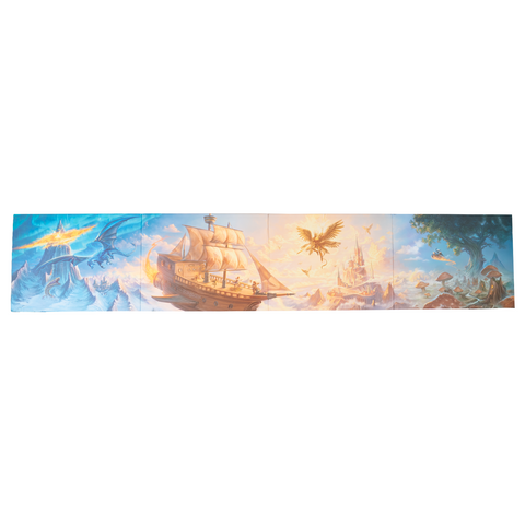 DM Screen with Panoramic scene of a ship sailing with dragons and castle in the background