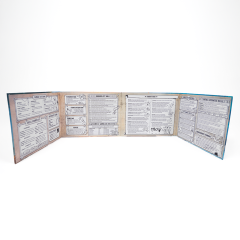 Inisde of DM Screen showing various texts on the pannels