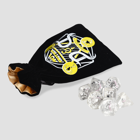 clear dice set with possum inside each die with black bag with NOT ANOTHER D&D PODCAST logo