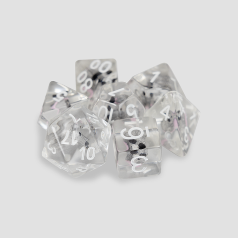 clear dice set with possum inside each die