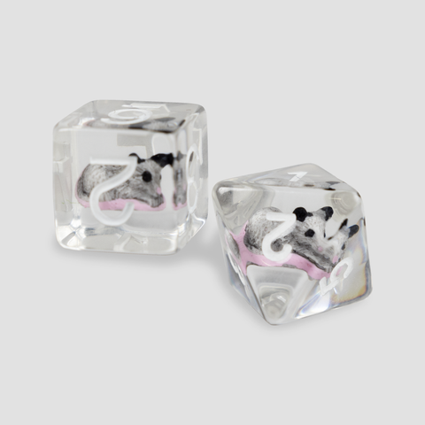 closeup of 2 clear dice with possums inside