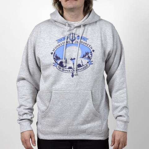 Male Model in grey Jamboreen hoodie with text "THE 22nd ANNUAL MOOSTONE JAMBOREEN IS SUPER CANCELLED "