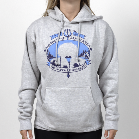 Female Model in grey Jamboreen hoodie with text "THE 22nd ANNUAL MOOSTONE JAMBOREEN IS SUPER CANCELLED "