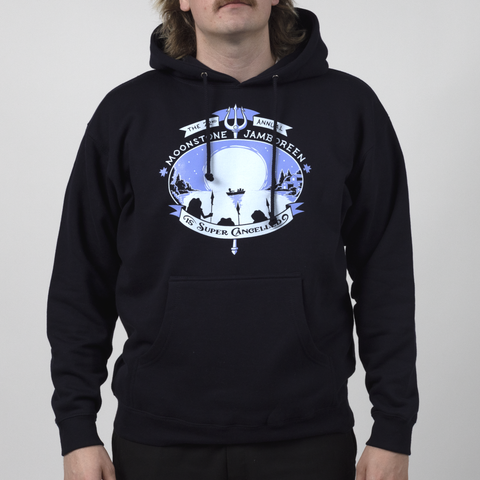 Male Model in navy Jamboreen hoodie with text "THE 22nd ANNUAL MOOSTONE JAMBOREEN IS SUPER CANCELLED "