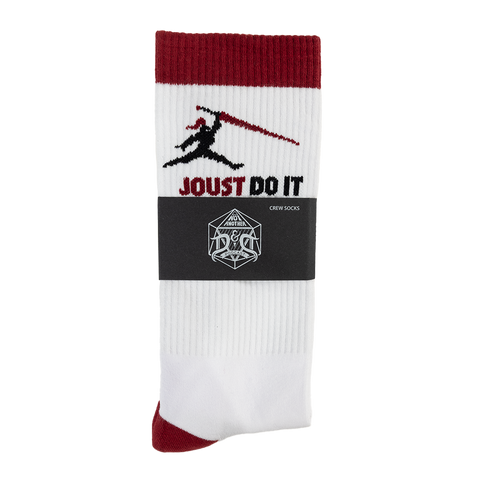 White sock with red top and bottom, black silhouette of a knight jousting, and text 'JOUST DO IT'